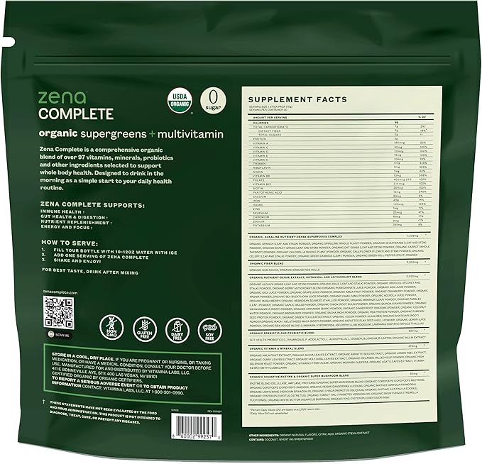 Zena Complete Organic Super Greens Powder & Multivitamin, 90+ Supergreens, Fruits, Veggies, Pre & Probiotics, Watermelon Citrus Flavor, 30 Packets + Water Bottle