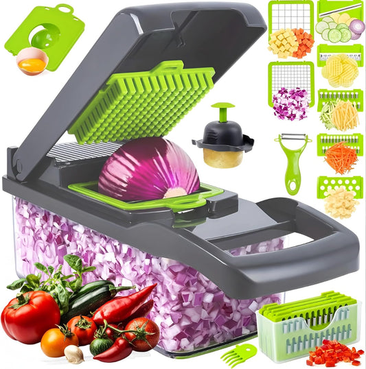 Vegetable Chopper with Container – 16-in-1 Food Dicer and Multi-Blade Cutter for Vegetables, Fruits, Cheese by Purest Peak
