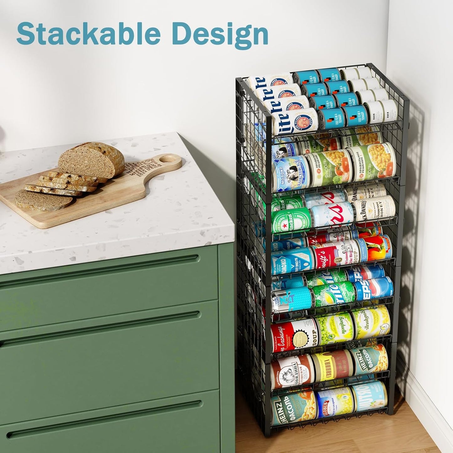 2 Pack Stackable Can Organizer for Pantry, Adjustable Can Holder Rack for Canned Food Soda Drink Goods Storage up to 60 Cans Storage, 2-Tier, Black