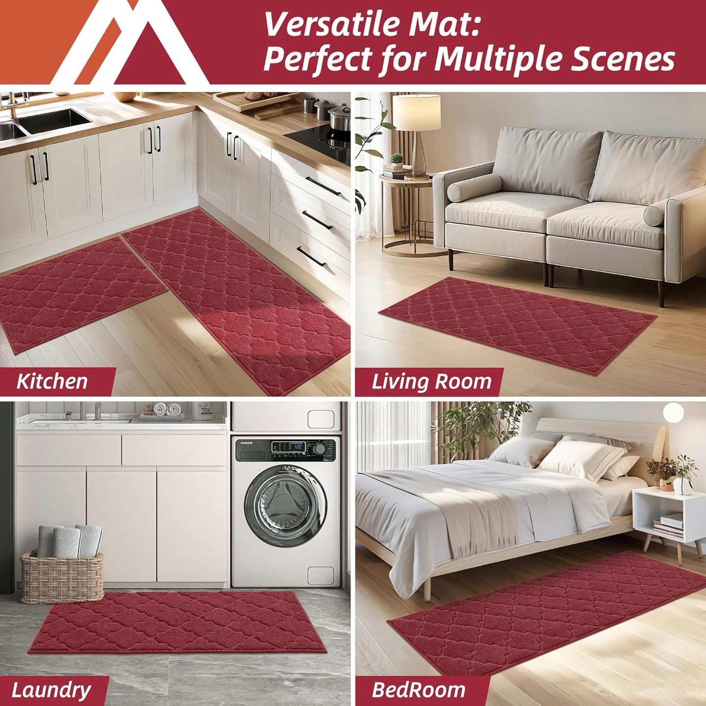 COSY HOMEER-Kitchen-Rugs 20"x48" Non-Slip Absorbent Soft Kitchen Runner Rug Polyester Kitchen Mats for Floor Washable Kitchens Standing Floor Mat for Sink Mat,Hallway,Laundry,Red