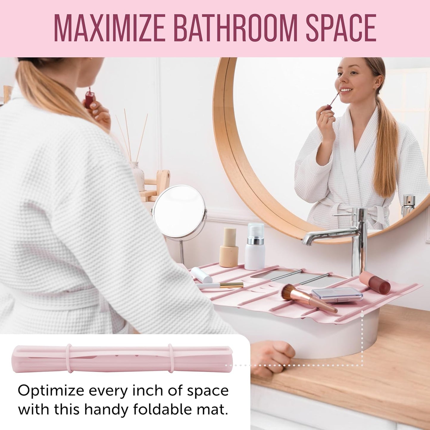 Maplefield Travel Size Bathroom Sink Cover for Counter Space - Foldable Silicone Sink Mat for Beauty Routine, Ideal for Small Bathroom, RVs, Camper Vans (Rose Pink Small, 19.5 x 15.5 x 1.6 Inches)