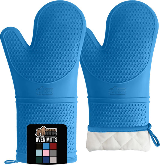 GORILLA GRIP BPA-Free Soft Silicone Oven Mitts, 14.5x8.3, Heat Resistant and Waterproof Cooking Gloves, Thick Cotton Lining, Flexible Gripping for Baking Grilling, Kitchen Potholders Set of 2, Aqua
