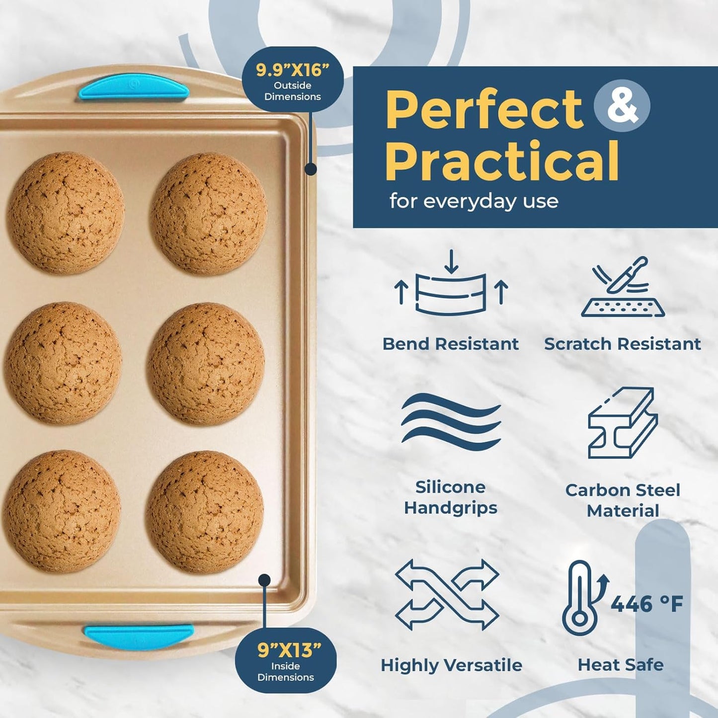 Perlli Cookie Sheet Baking Pan 2 Piece Set, 9x13" Gold Nonstick Trays with Blue Silicone Hand Grips Oven Bakeware Pans Set, Premium Quality Carbon Steel Baking Tray Sheets
