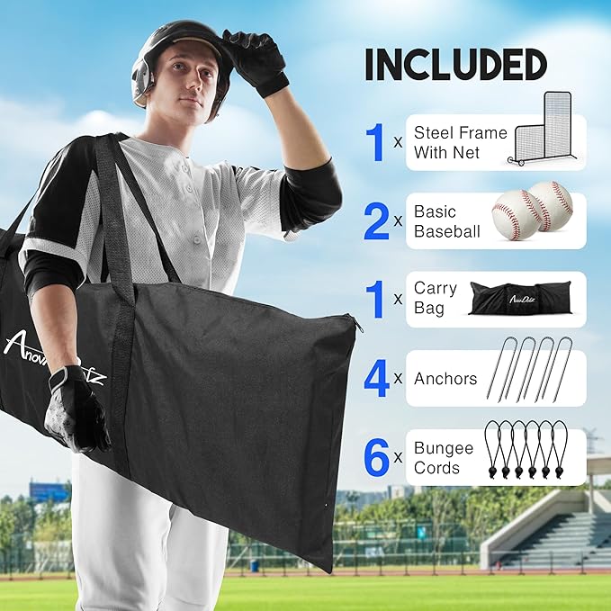 Yes4All Portable L-Screen Baseball 7x7ft with 2 Baseballs, Rubber Wheels - L Screen Baseball for Batting Cage, Protective Pitching Screen Net Double Layers, Carry Bag Included