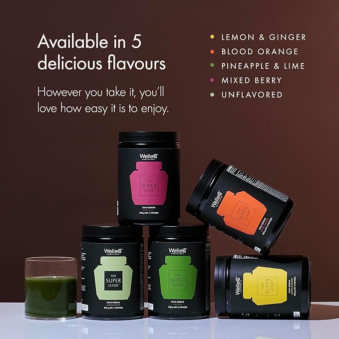 WelleCo The Super Elixir Daily Greens Powder, Probiotic Drink Mix with Whole Foods, Gluten Free, Vegan Gut Health Powder, Energy, Immunity, Healthy Skin, Hair & Nails (300g, Lemon Ginger)