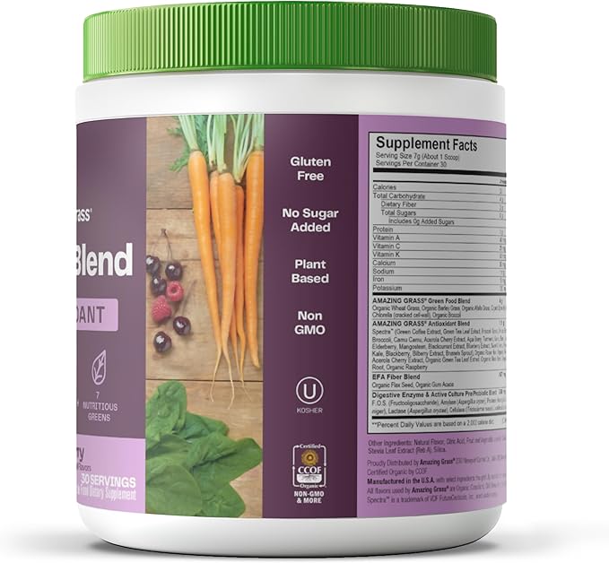 Amazing Grass Greens Blend Antioxidant: Super Greens Powder Smoothie Mix with Organic Spirulina, Beet Root Powder, Elderberry, Bilberry, Prebioitics & Probiotics, Sweet Berry, 30 Servings (Packaging May Vary)