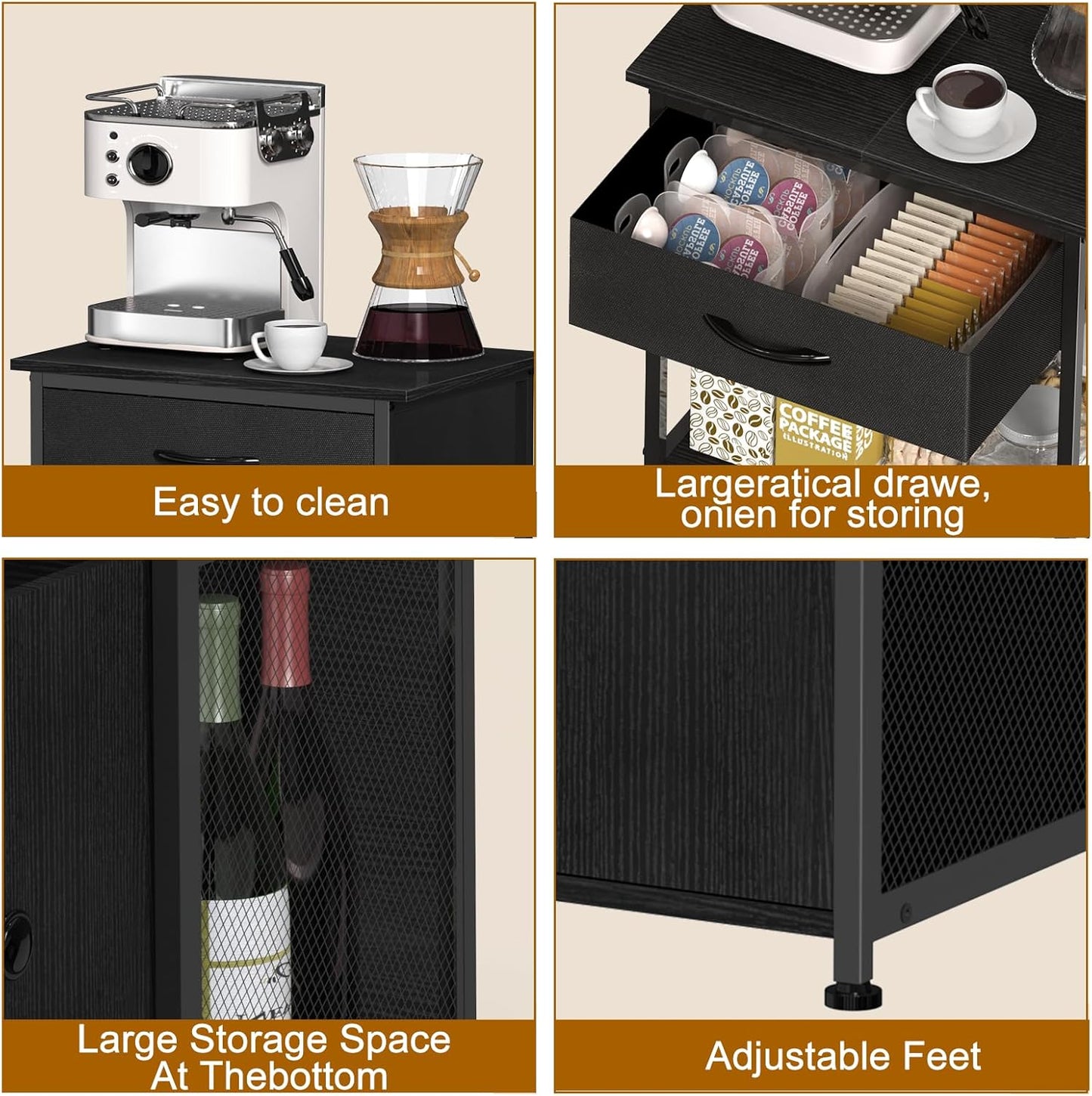 4-Tier Small Coffee Bar with Storage,Kitchen Stand,Farmhouse-Style Coffee Bar with Storage Featuring 2-Door Cabinet for Living Room,Kitchen (Black)