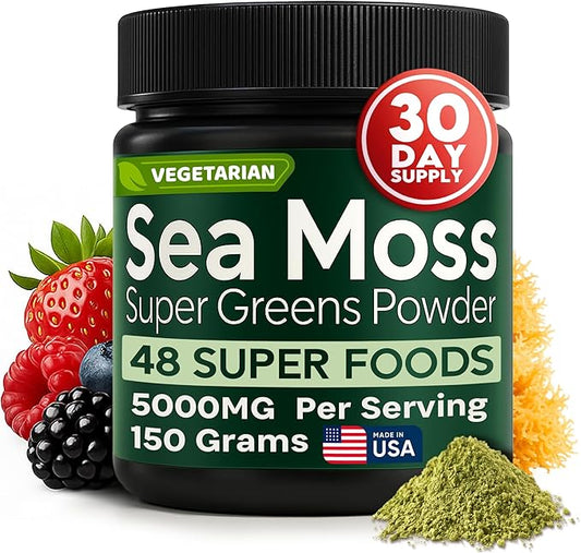 Atlantic Naturals Organic Sea Moss Super Greens Powder - Greens Superfood with 12 Vegetables, 15 Fruits, Probiotics, 16 Herbs & Spices - Digestive Health, Energy, Skin & Immunity - Mixed Berry Flavor