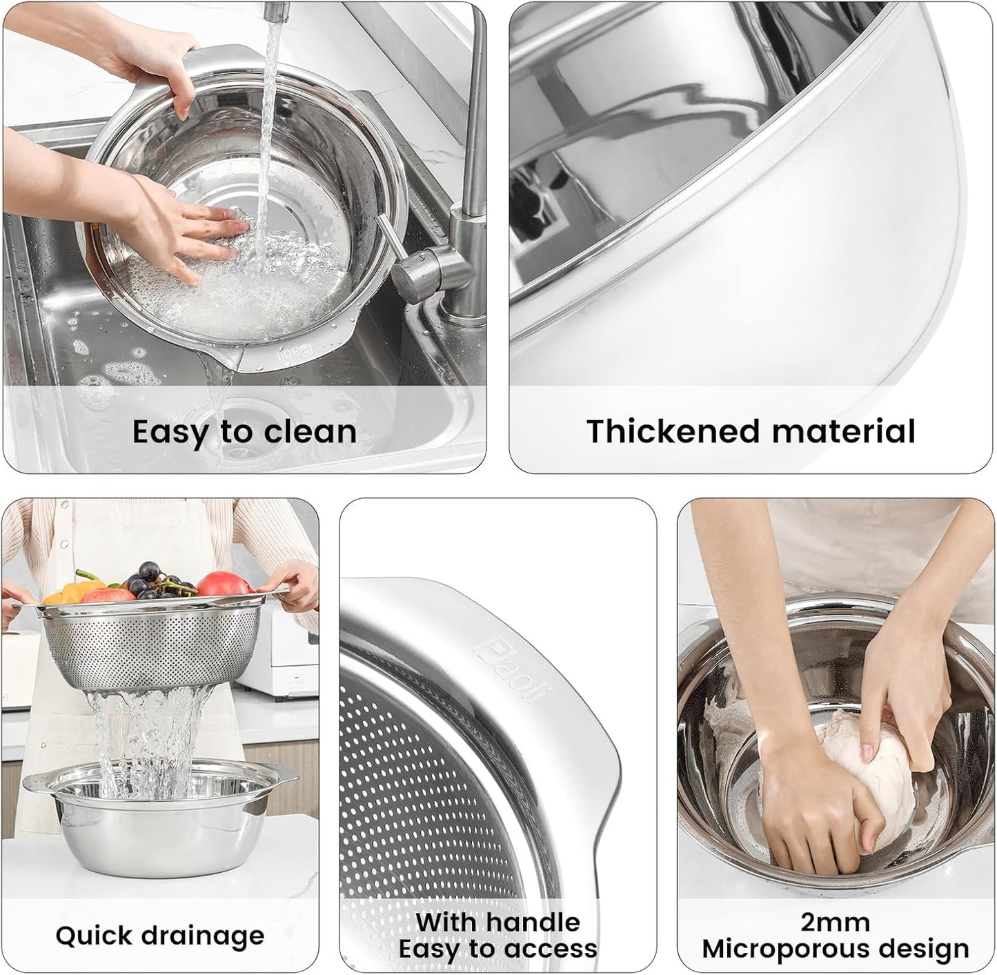 304 Stainless Steel Microporous Colander with Handle, Rice Washers Microporous Strainer Set For washing vegetables, fruits and rice, and draining cooked pasta(2.5QT with handle-Gold)