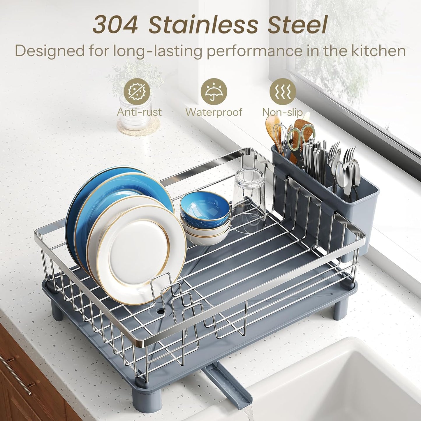 Dish Drying Rack - Small Dish Rack for Kitchen Counter, Stainless Steel Dish Drainer with Utensil Holder and Drainboard (Silver)