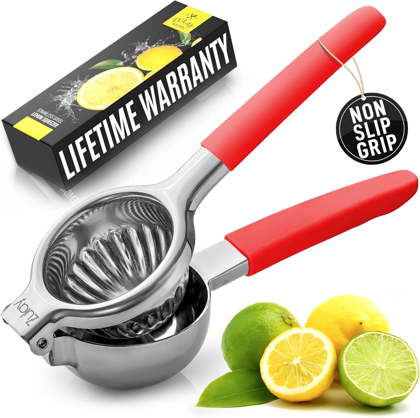 Zulay Lemon Squeezer Stainless Steel with Premium Heavy Duty Solid Metal Squeezer Bowl and Food Grade Silicone Handles - Large Manual Citrus Press Juicer and Lime Squeezer Stainless Steel (Red)