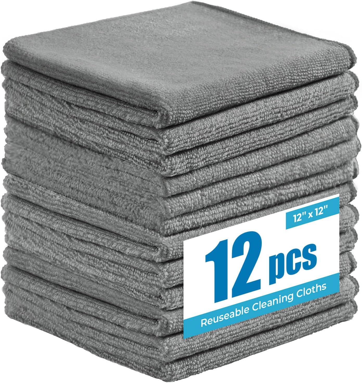 Microfiber Cleaning Cloths 12”x12”, 12Pack - Extra Thick Kitchen Towels - Streak-Free, Lint-Free, Fast Absorbent - Reusable Multi-Purpose Housekeeping Rags for Cars, Dishes, Floors, Tiles - Grey