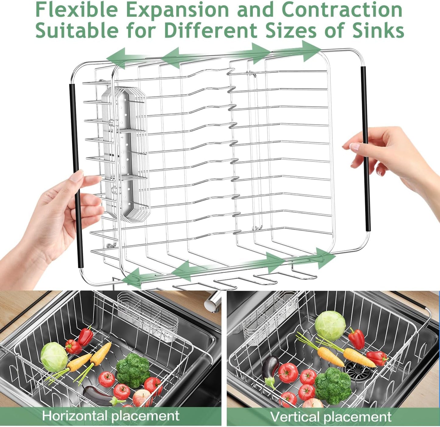 Dish Drying Rack in Sink, Extendable Stainless Steel Dish Drainers for Kitchen Counter, Anti-Rust Dish Dryer Rack with Utensil & Cup Holders, for Inside Sink, Over The Sink