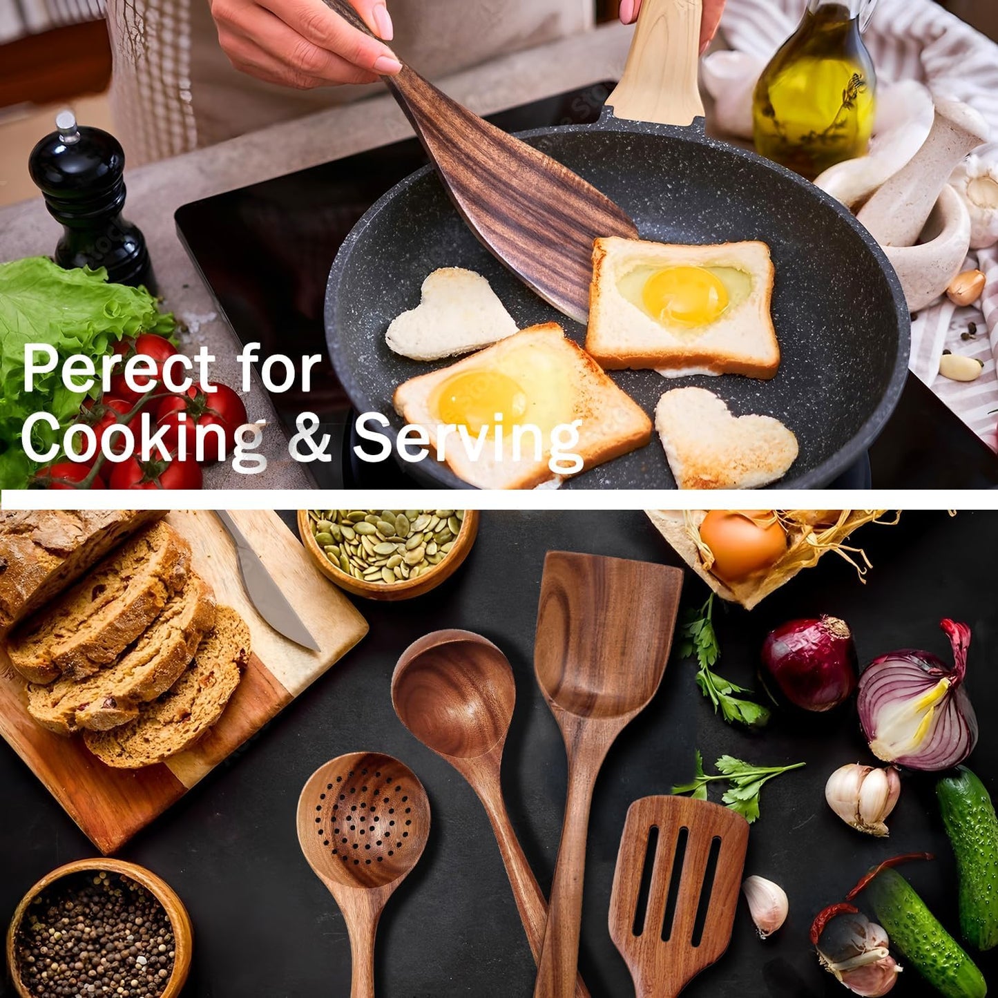 Wooden Spoons for Cooking 6 Piece, Natural Teak Kitchen Utensils Spatula, Smooth Finish Wooden Cooking Utensils Spoons, Filter Spoon, Salad Fork