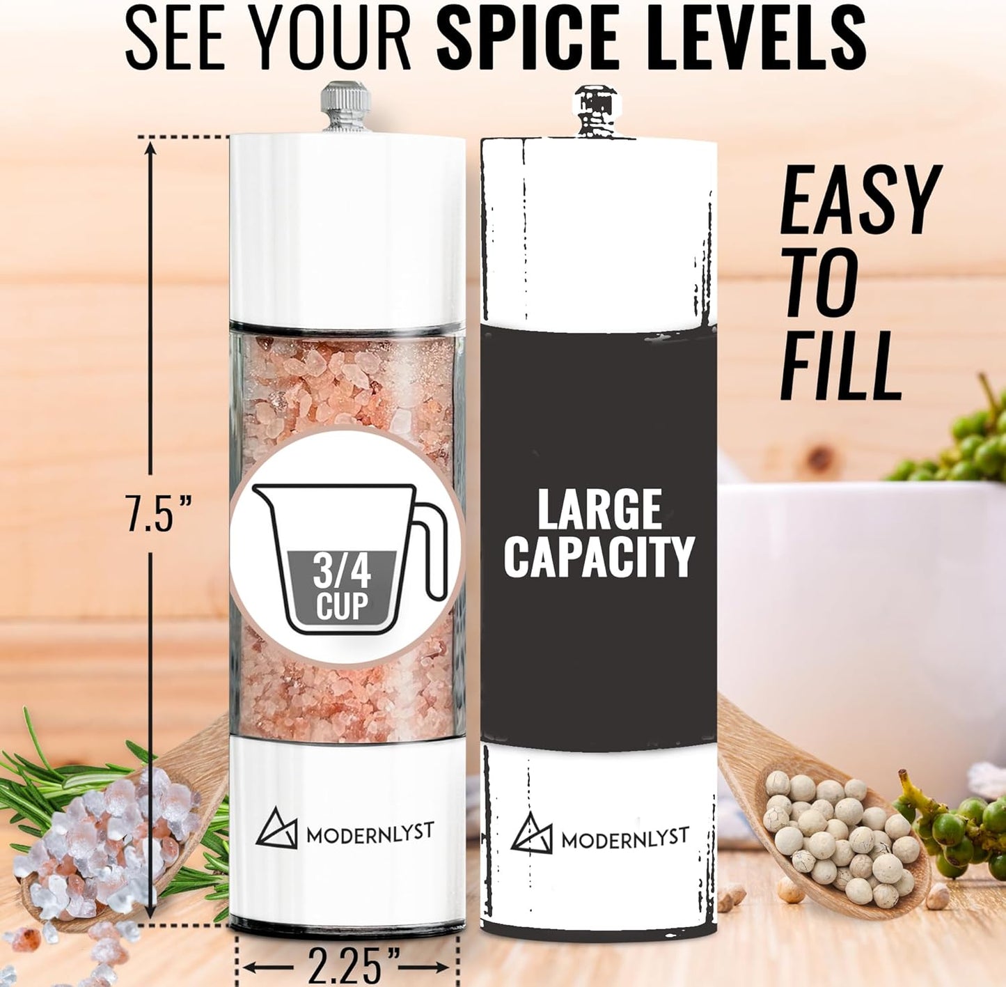 Manual Salt and Pepper Grinder Set of 2 | Large Round Shakers | 7.5 Inch Stainless Steel Refillable Grinders (White)