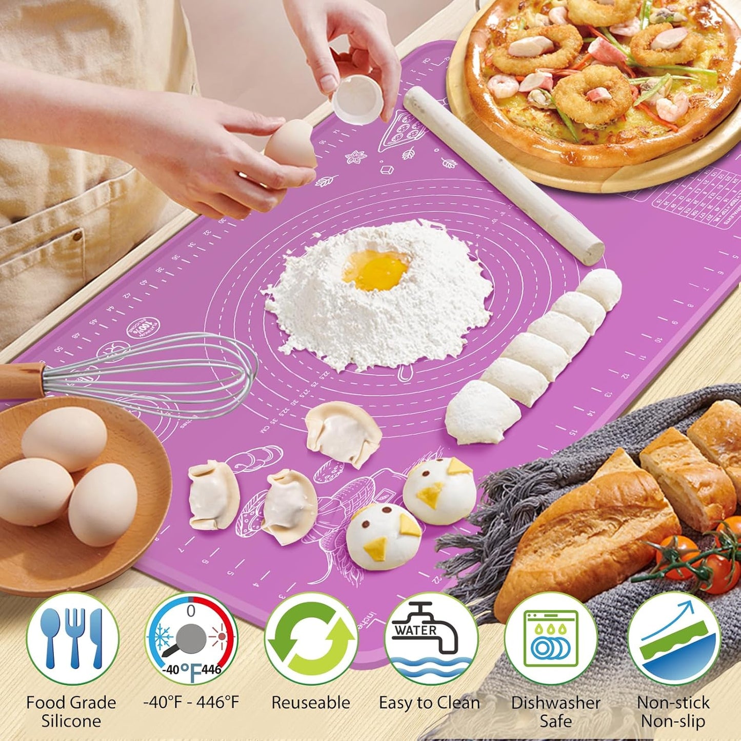 Silicone Baking Mat 28" x 20" Extra Thickness Dough Rolling Mat with Measurements and Edge Heightening, Non-stick Food Grade Silicone Pastry Mat for Pastry, Bread, Cookies, Pizza, Fondant, Pasta