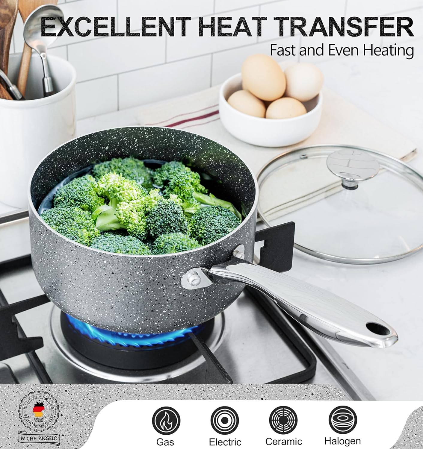 MICHELANGELO Sauce Pan with Lid, Granite Saucepans with Lids, 1Qt & 2Qt & 3Qt Sauce Pan Sets, Nonstick Saucepan Set with Stainless Steel Handle, Oven Safe, Grey