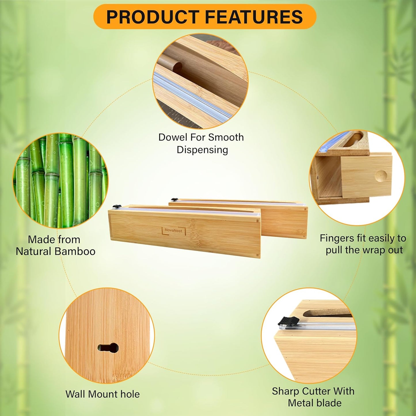 Wrap Organizer Dispenser with Cutter, (2 Piece Set), Fits 12" Rolls, Plastic Wrap, Aluminum Foil, Wax Paper, Saran Wrap, Cling Wrap Holder for Kitchen Storage, Mountable, Bamboo