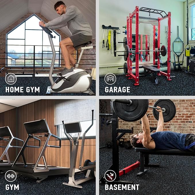 AIRHOP 0.56in Thick 96 Sq Ft Exercise Equipment Mats, 24Tiles Upgraded Rubber Top with High Density EVA Foam, Large Interlocking Puzzle Gym Flooring for Home Gym, Heavy Weight Workout, Black & Blue