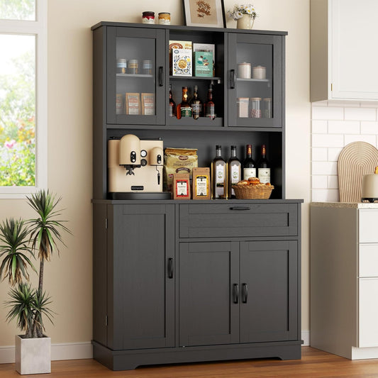 Vongrasig Tall Pantry Cabinet, Kitchen Pantry Storage Cabinet with Microwave Stand,Farmhouse Kitchen Hutch with Adjustable Shelves for Living Room, Dining Room, Black