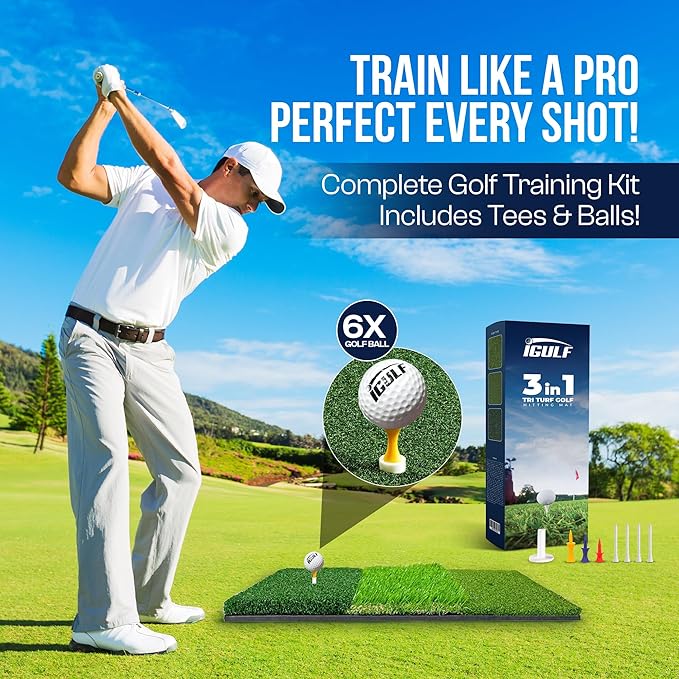 Tri-Turf 3-in-1 Golf Hitting Mat - XL 24"x24" Foldable Practice Pad w/Adjustable Tees, Non-Slip EVA Foam Base, Indoor & Outdoor Use for Chipping, Driving, Swing Training, Backyard or Garage