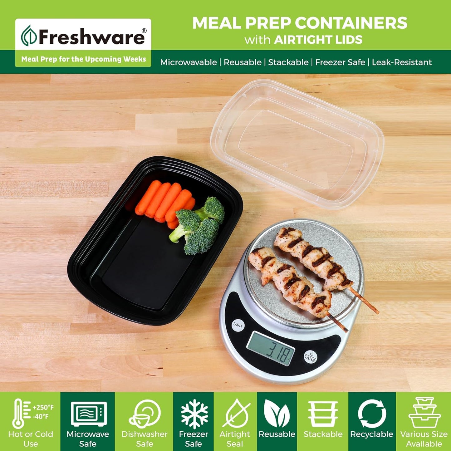 Freshware Meal Prep Containers [50 Pack] 1 Compartment with Lids, Food Storage Containers, Bento Box, BPA Free, Stackable, Microwave/Dishwasher/Freezer Safe (32 oz)