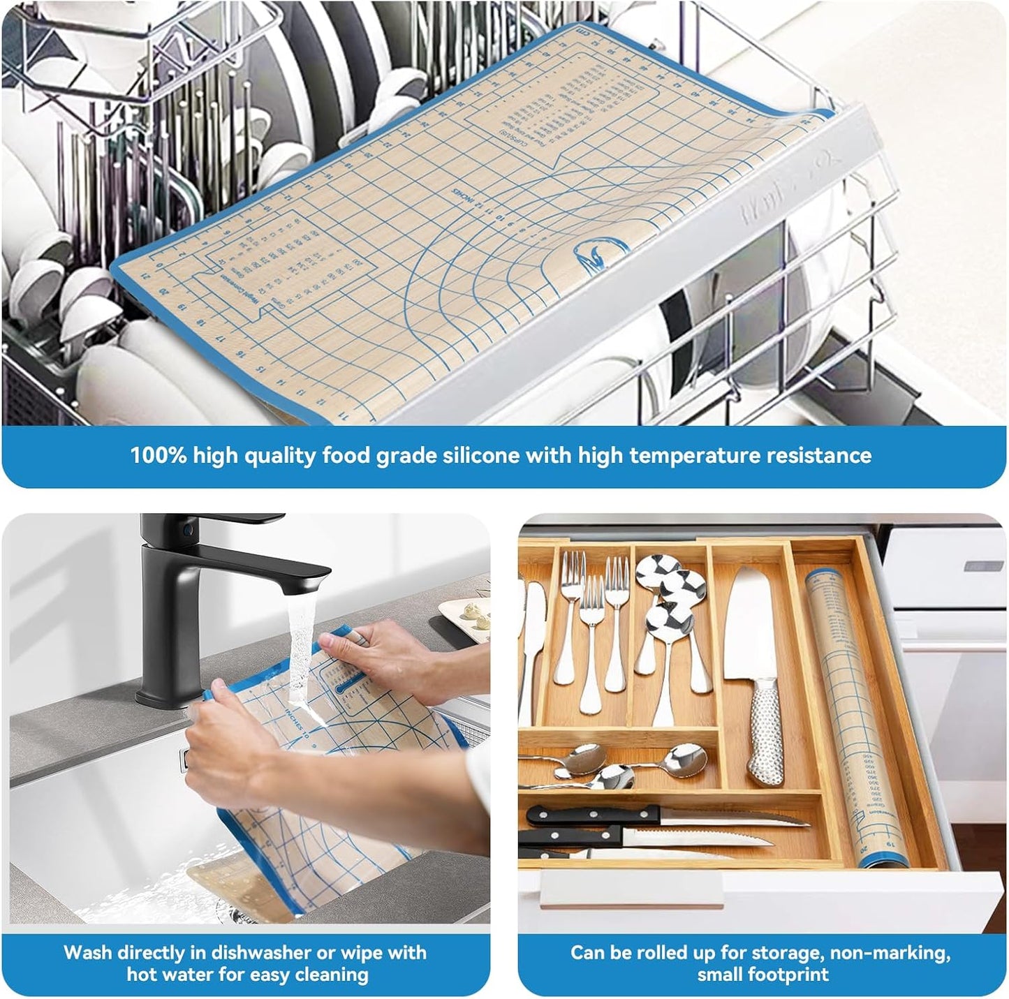 Silicone Baking Mat,28in×20in & 16in×12in Pastry Mat,Measuring Non-slip Dough mat Mats for Baking,Kneading Dough,Table Mats Blue (2Pack)