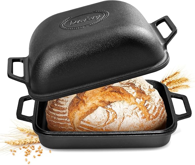 Davivy 9QT Large Cast Iron Bread Loaf Pan with Lid, Pre-Seasoned Dutch Oven for Sourdough Bread Baking, Non-stick Cast Iron Sourdough Baking Pan with Lid