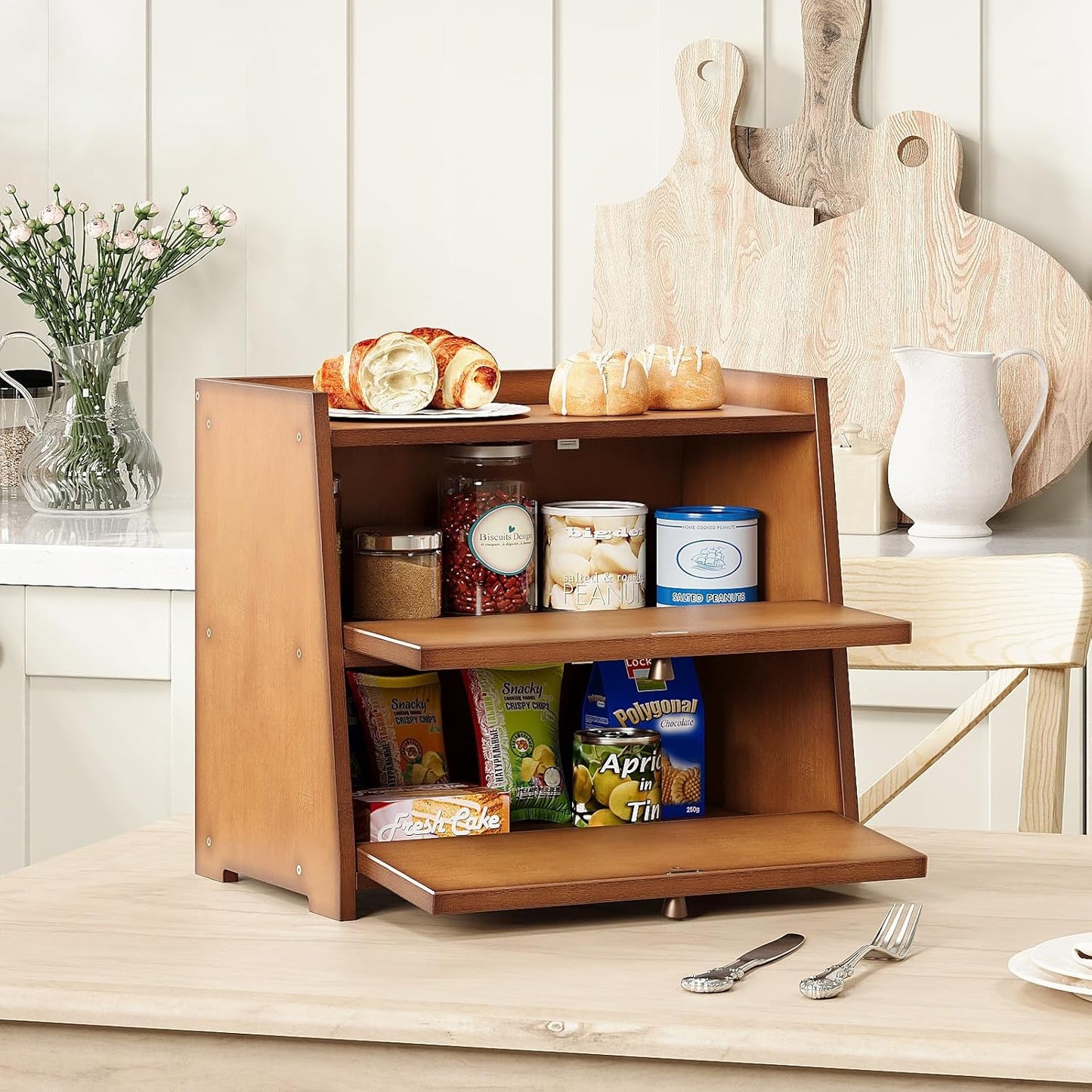 Vintage Double Layer Bread Box for Kitchen Counter Bamboo Bread Storage Container Large Capacity Bread Storage Bin