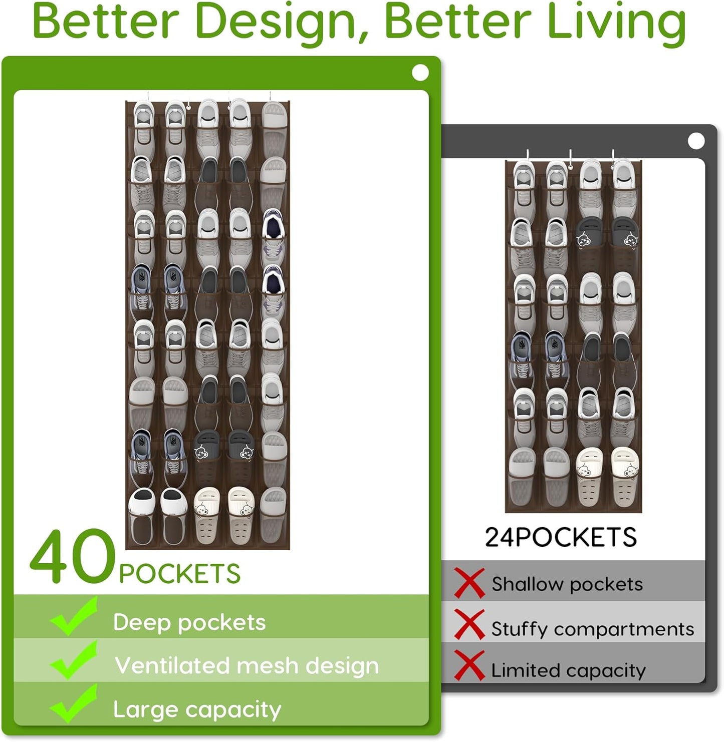 Unjumbly Over the Door Shoe Organizer with 40 Large Breathable Mesh Pockets, Space Saving Shoe Holder, Hanging Shoe Rack for Entryway Bedroom Closet Storage (Brown, 40 Pockets)