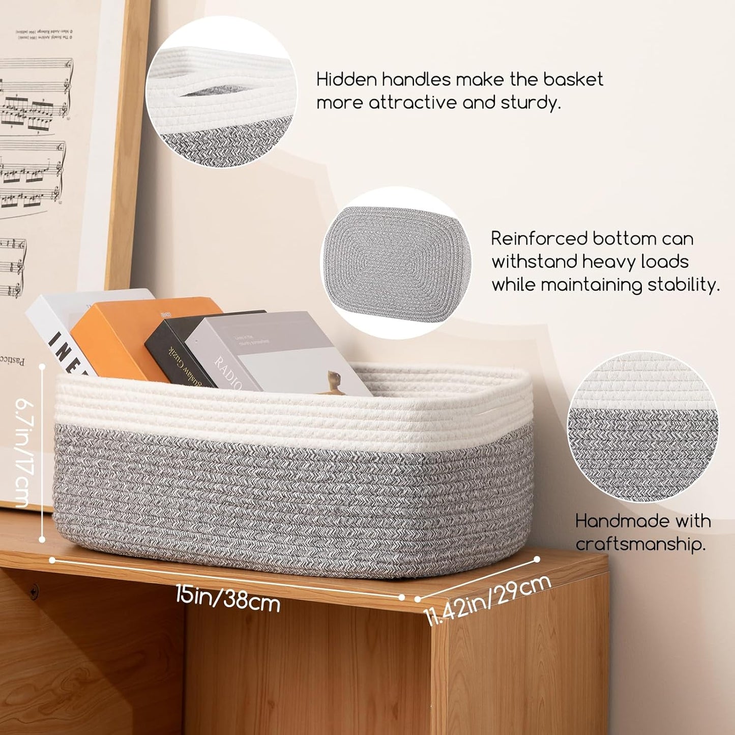 Storage Baskets for Organizing 3 Pack, Woven Baskets for Shelves, Closet Organizer Bins Empty Gift Basket Toy Storage for Toys, Books, Towels, Clothes, 15"x11.42"x6.7", Grey