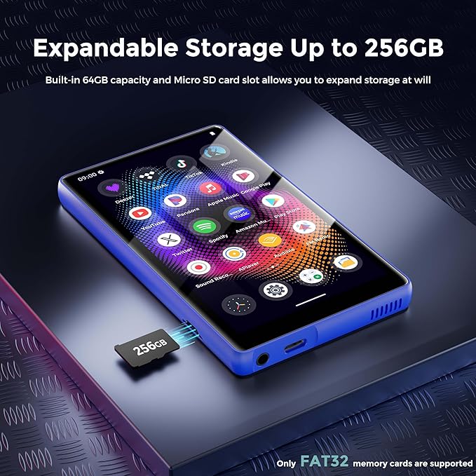 128GB MP3 Player with Bluetooth and WiFi，Music Video Player with Spotify Pandora,Amazon Music, 5" Touch Screen Android MP4 MP3 Player for Kids with Audible, YouTube, Spotify Kids,up to 256GB (Blue)