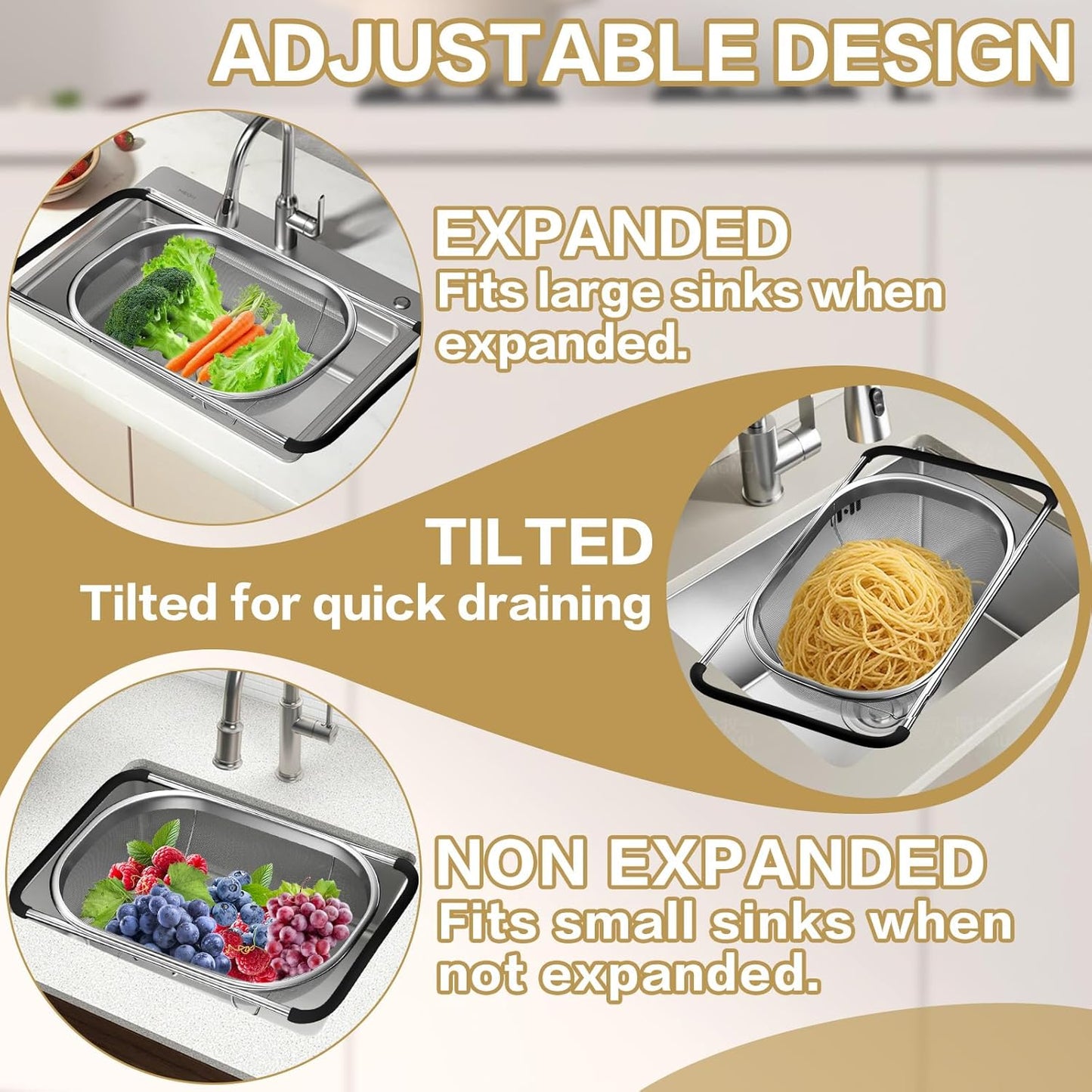 Over the Sink Colander - Strainers and Colanders - Stainless Steel Strainer - Expandable Sink Colander with Rubber Grip for Strain, Drain, Rinse Fruits, Vegetables, Home Kitchen Essentials