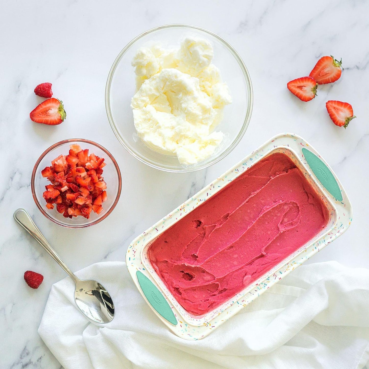 Trudeau Structure Silicone Loaf Pan with Steel Rim, 8.5 x 4.5, Nonstick Bakeware, White Confetti with Blue Base, BPA-Free, Oven Safe to 428°F, Dishwasher Safe