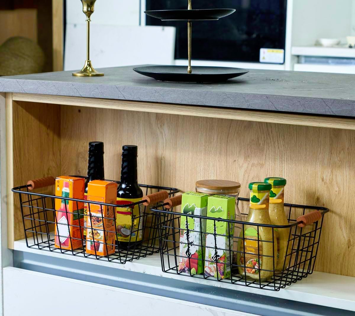 Wire Kitchen Storage Basket 2 Packs,Perfect Pantry Organization Accessories Baskets,Laundry Basket,With a Wooden handle,Suitable for Kitchen,Bathroom,Bedroom,Tabletop,Stackable,Black
