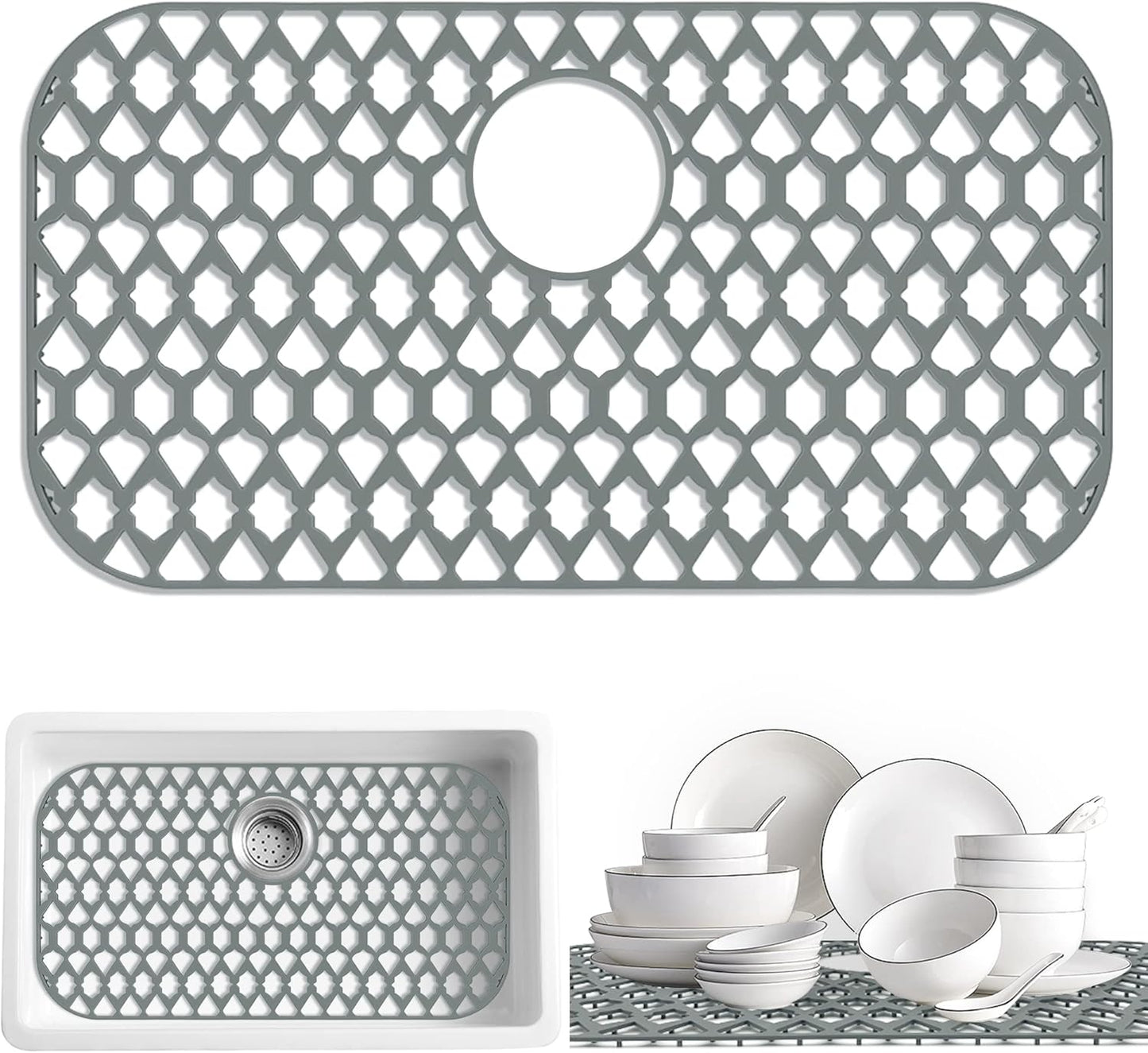 Sink Protectors for Bottom of Kitchen Sink 13x11 &16x12 &19x14 &21x16 &22x13 &24x13 &28x14 &30x16, Large Farmhouse Silicone Mats Grid (26”x14”, Rear Drain)