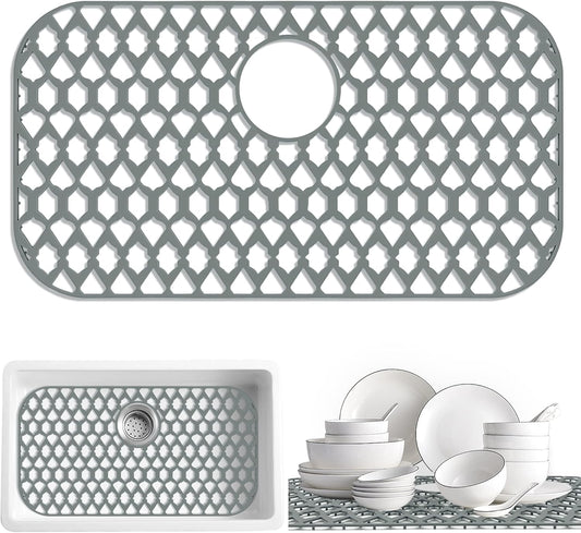 Sink Protectors for Bottom of Kitchen Sink 13x11 &16x12 &19x14 &21x16 &22x13 &24x13 &28x14 &30x16, Large Farmhouse Silicone Mats Grid (26”x14”, Rear Drain)