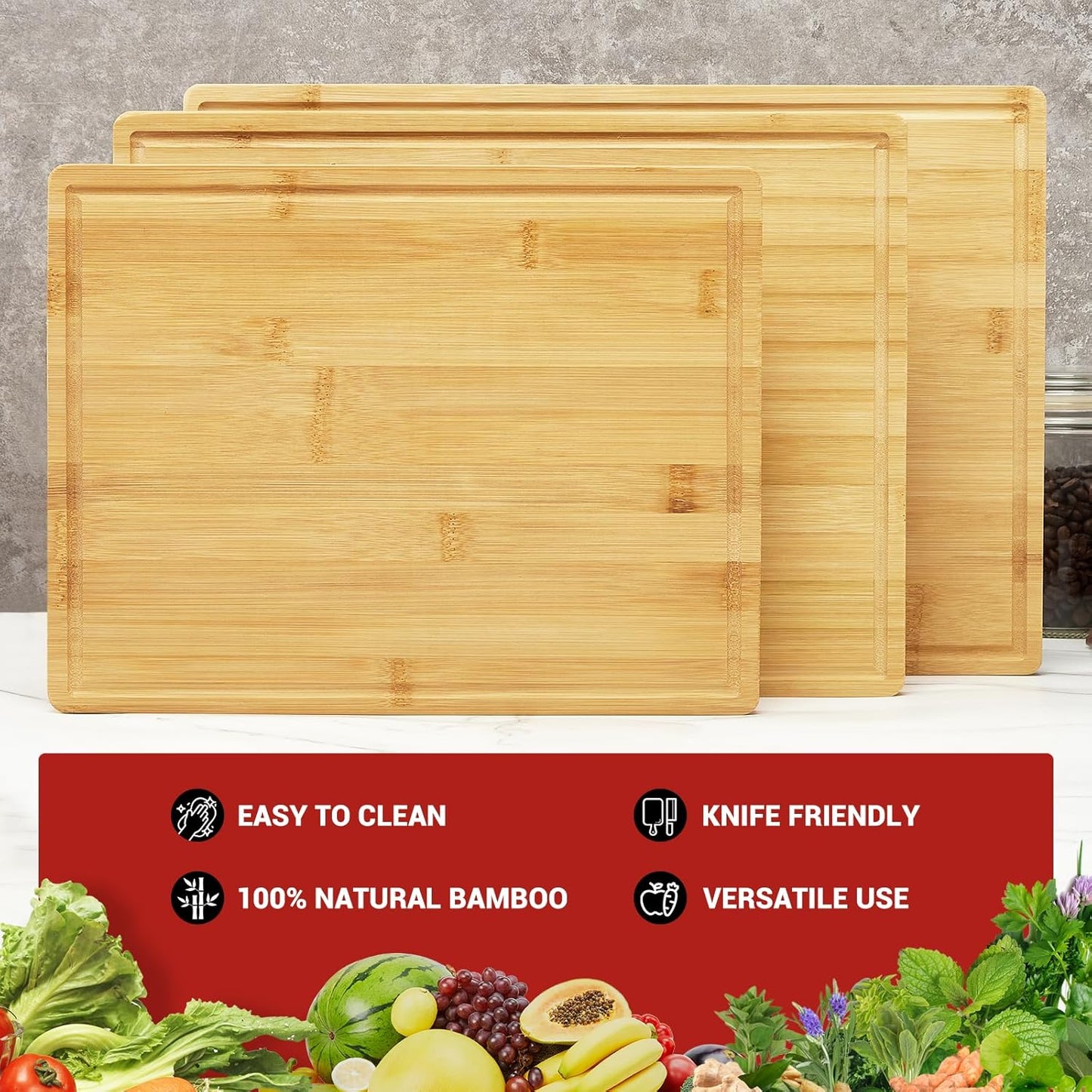 Cutting Board for Kitchen, Bamboo Cutting Boards For Kitchen Meal Prep & Serving - Bamboo Cutting Board Set with Holder, Charcuterie & Chopping Board