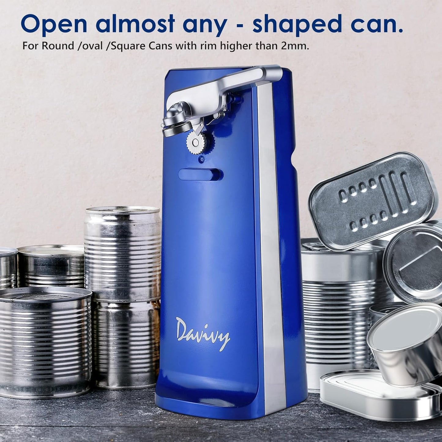 Davivy Electric Can Opener for One Touch Lid Opening,Removable Stainless Steel Cutter and 3-in-1 Design with Knife Sharpener and Bottle Opener. Blue