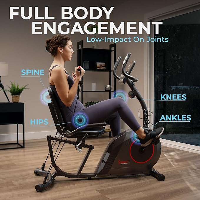Sunny Health & Fitness Smart Heavy-Duty Recumbent Bike w/Wide Cushioned Seat & Back, Indoor Cycling Machine for Adult/Seniors Home Exercise, Free SunnyFit App Connect, Optional Workout Training Bands