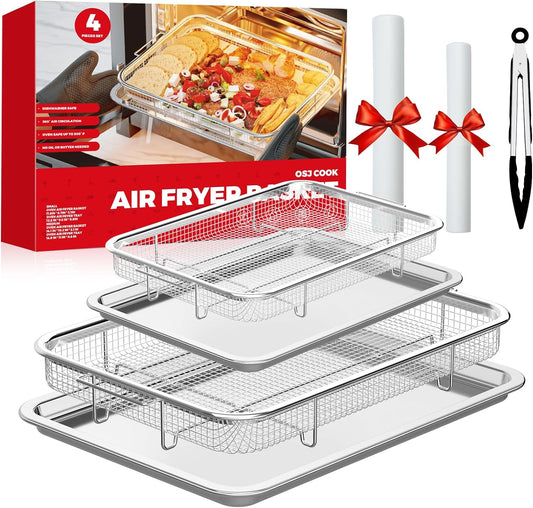 Air Fryer Basket for Oven, Air Fryer Basket and Stainless Steel Baking Tray Pant Oven Air Fryer Pan Rack for Cooking Baking Dishwasher and Broiling (13.1"x9.6" & 15.3"x11.1")