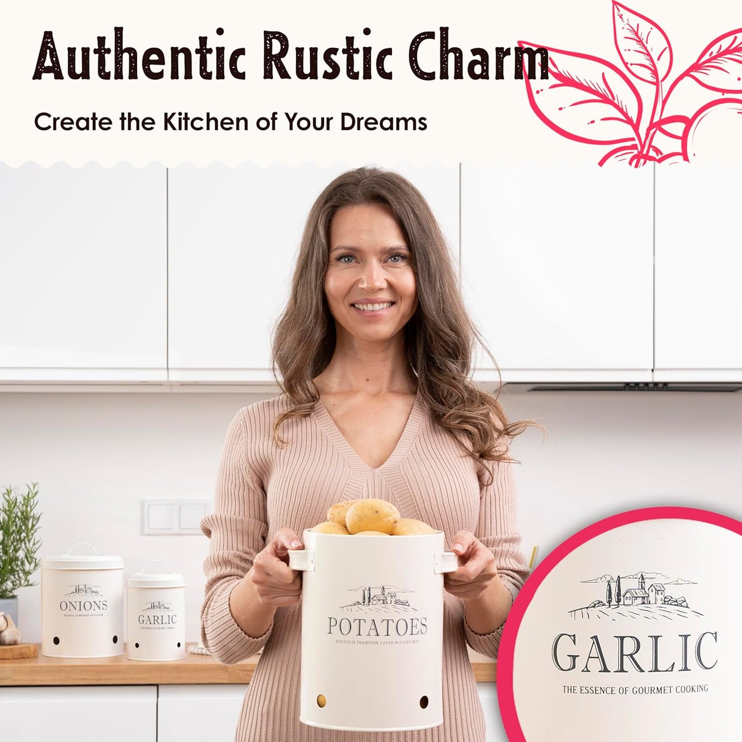 Potato and Onion Storage Bin Set – 3 Metal Farmhouse Canisters with Ventilation Holes – Rustic Kitchen Organizer for Garlic, Onion, and Potato Storage – Countertop or Pantry Use