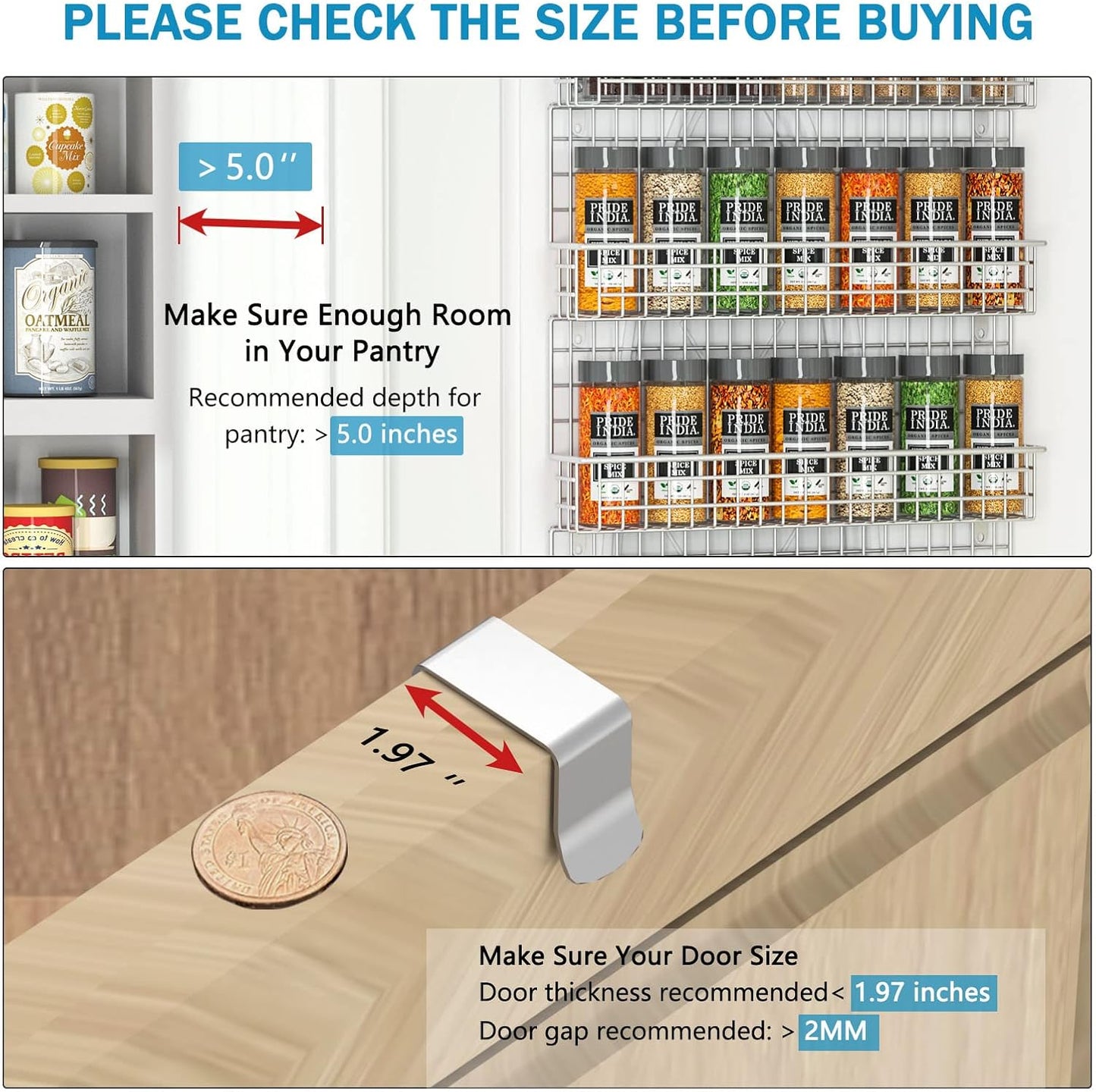 JKsmart Spice Rack Organizer 6-Tier Wall Mounted & Over the Door Spice Racks for Kitchen Pantry Bathroom,Two Size, Large Capacity, Silver