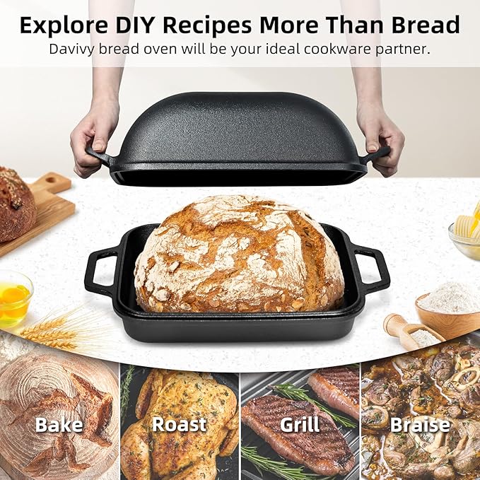 Davivy 9QT Large Cast Iron Bread Loaf Pan with Lid, Pre-Seasoned Dutch Oven for Sourdough Bread Baking, Non-stick Cast Iron Sourdough Baking Pan with Lid