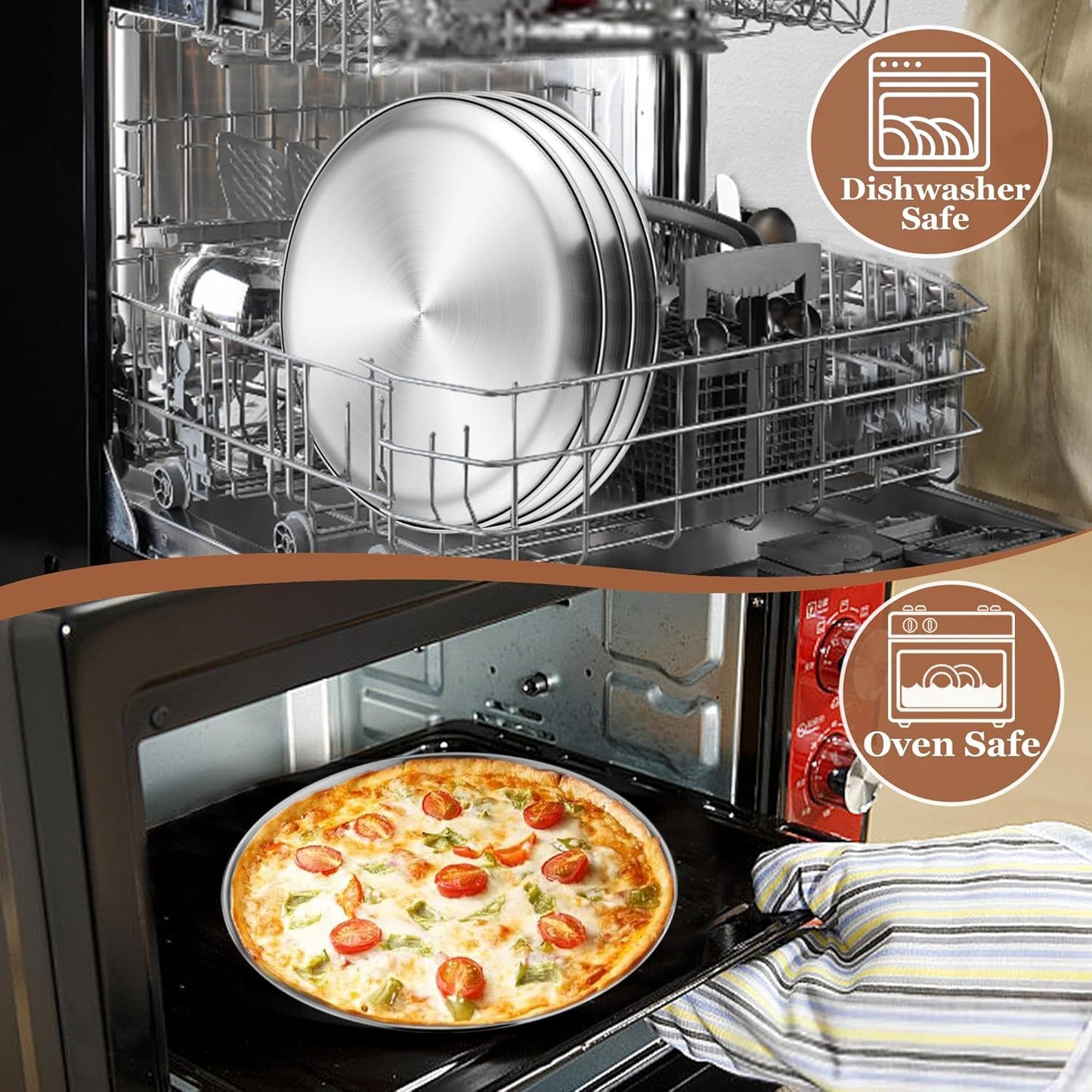 TeamFar Pizza Pan, 9 Inch Stainless Steel Pizza Trays, Small Round Pizza Plate for Toaster Oven Kitchen Home Baking Cooking Serving, Healthy & Sturdy, Easy Clean &Dishwasher Safe, Set of 6