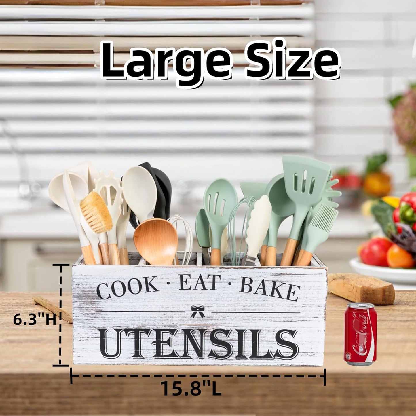 Utensil Holder,Extra Large Wooden Utensil Holder For Kitchen Counter,Cooking Spatula Organizer,Big Storage Caddy With 4 Compartments Flatware Spoon Tool Cutlery（Retro White）