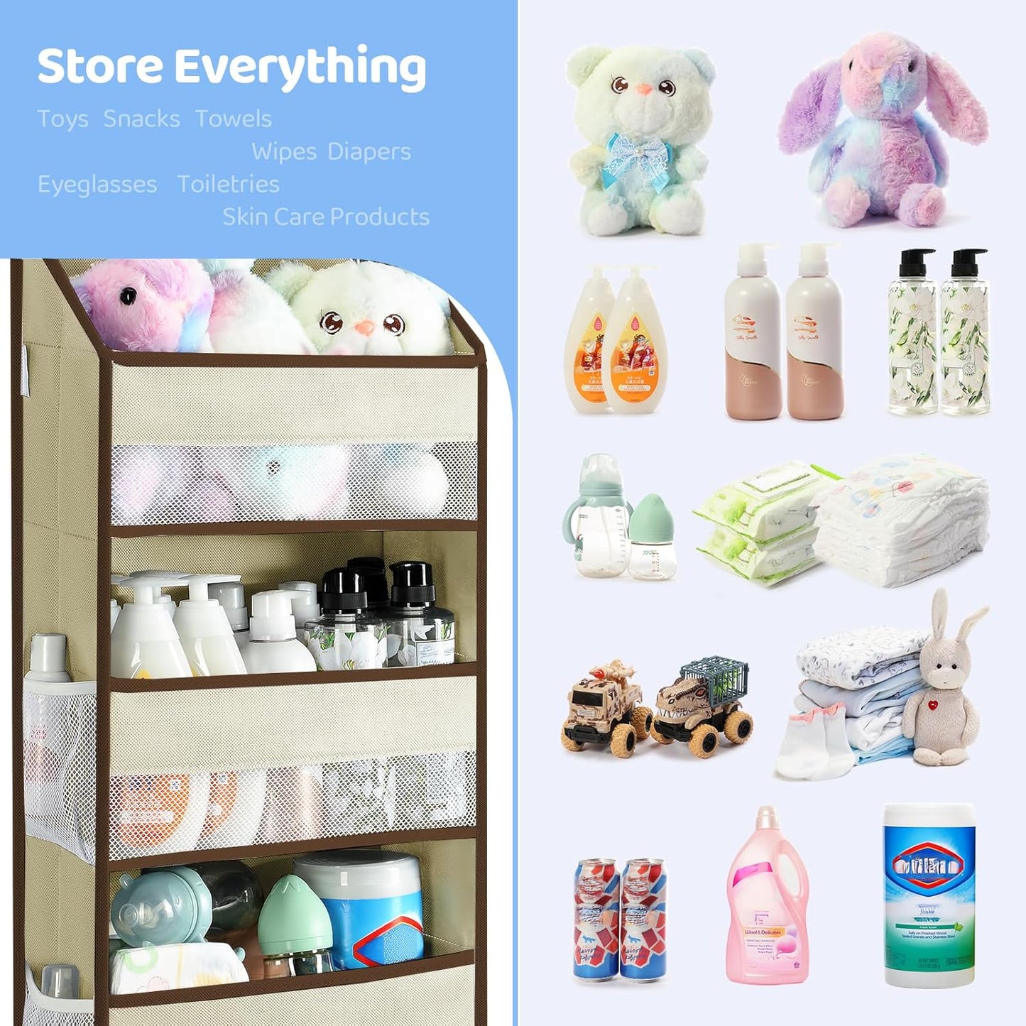 Yecaye 2 Pack 4 Tier Over the Door Organizer, Foldable Portable Baby Essentials for Stuffed Animal Storage - Multi-purpose Bathroom Closet Organizers and Storage for Kids Newborn Baby Stuff Beige