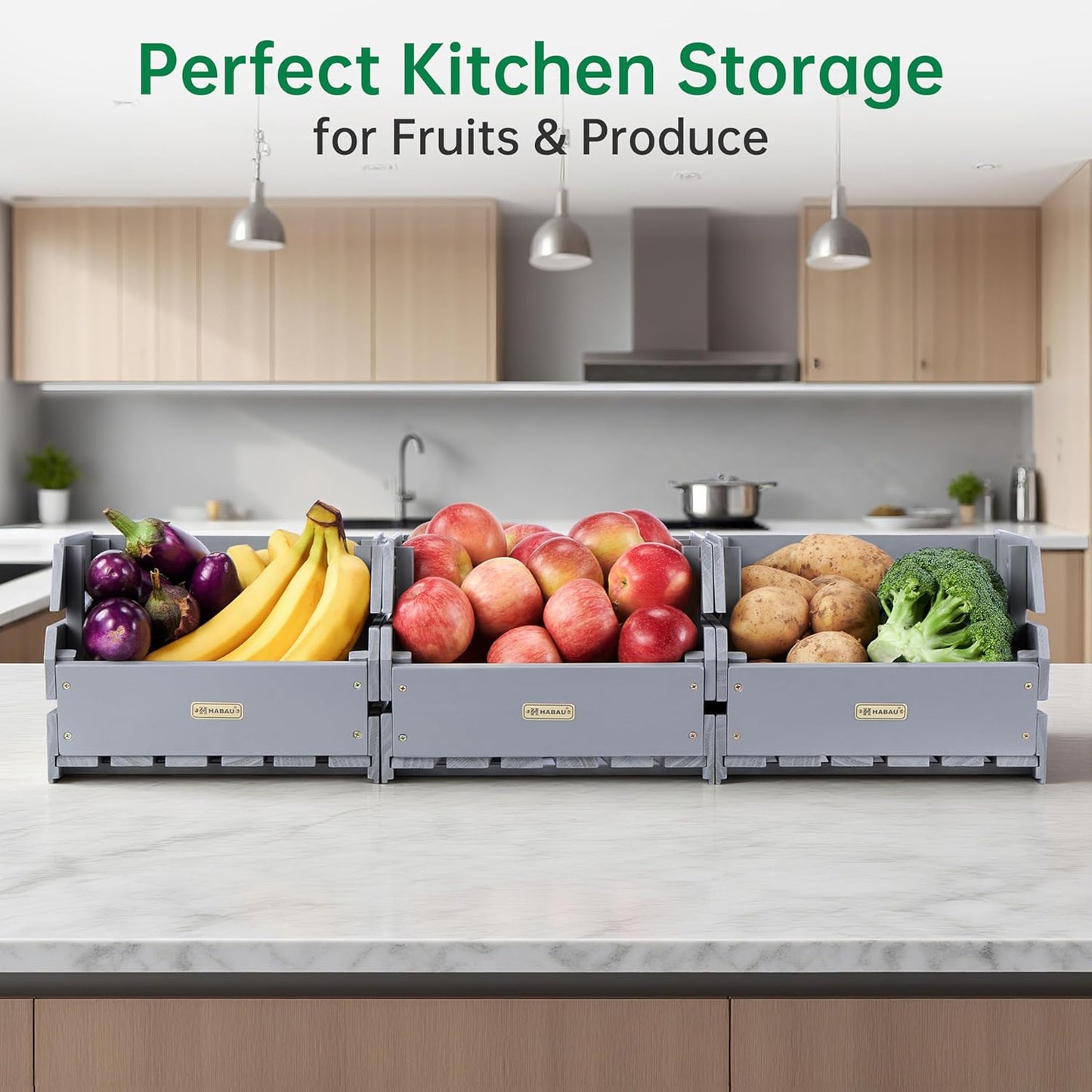 HABAU Wood Potato Onion Storage Bins - Wooden Stackable Produce Basket - Fruit Vegetable Storage for Kitchen Pantry Organization, Set 3 Pieces