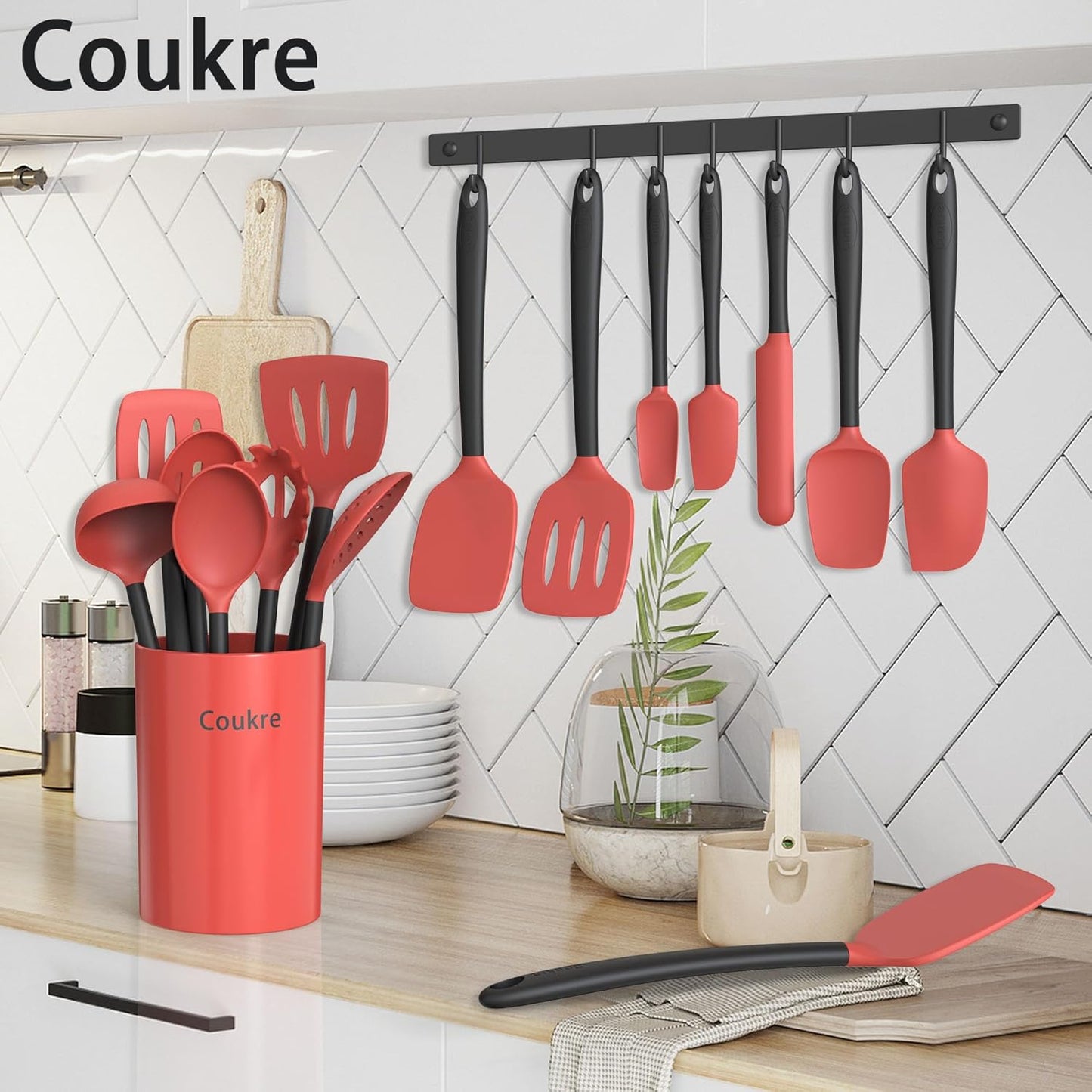 Coukre Silicone Kitchen Cooking Utensils Set with Holder – Heat-Resistant, Food-Grade Kitchen Tools, Spatula, Spoon & Gadgets for Non-Stick Pans, Dishwasher Safe (14, Red)