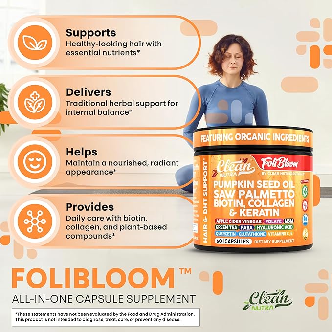 Clean Nutra Pumpkin Seed Oil Saw Palmetto Biotin Collagen Keratin MSM Folate Hyaluronic Acid Supplements B12 Zinc Hair Supplement for Women Men Iodine 5-MTHF B-12 Vitamin B9-60 Vegan Capsules Count